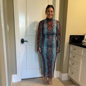 Red and blue sheer turtleneck dress